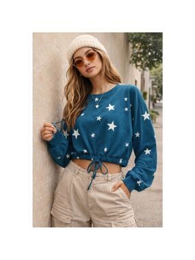 Cure Blue & White Star Print Tie-Front Top – Size Medium